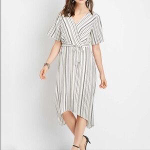 Maurices Midi Black White Striped Faux Wrap Dress